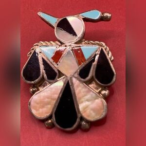 Vintage Sterling Zuni Peyote Bird Inlay Brooch Pendant Mother Of Pearl Onyx